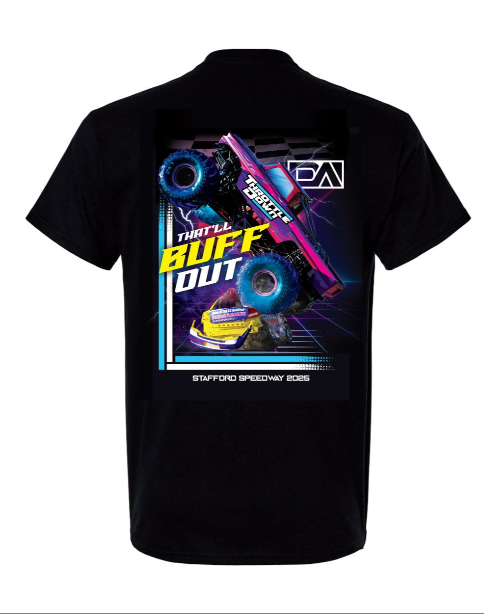 Black t-shirt with graphic design on back and logo on front, on a white background